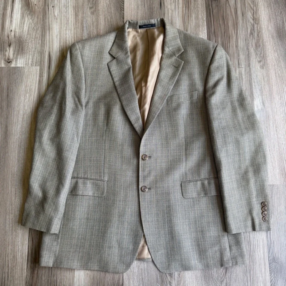 Vintage Chaps Mens Brown Tan Micro Houndstooth Two Button Blazer Sport Coat
